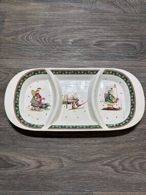 Sakura Debbie Mumm Sledding Snowman Bear 3 Part Relish Dish Christmas Platter